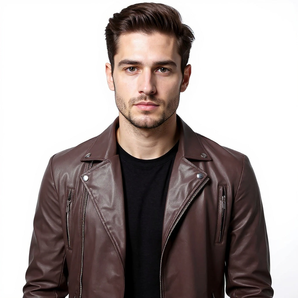 Man wearing a brown leather jacket on a white background