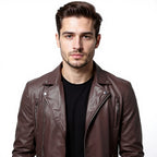 Man wearing a brown leather jacket on a white background