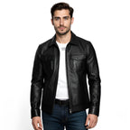 Man wearing a black leather jacket on a white background