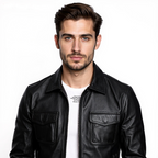 Man wearing a black leather jacket on a white background