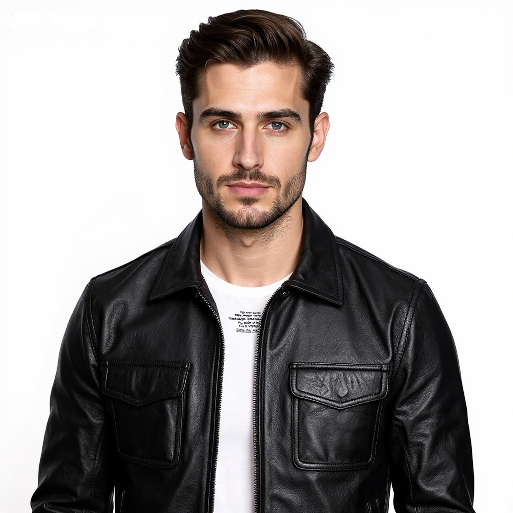 Man wearing a black leather jacket on a white background