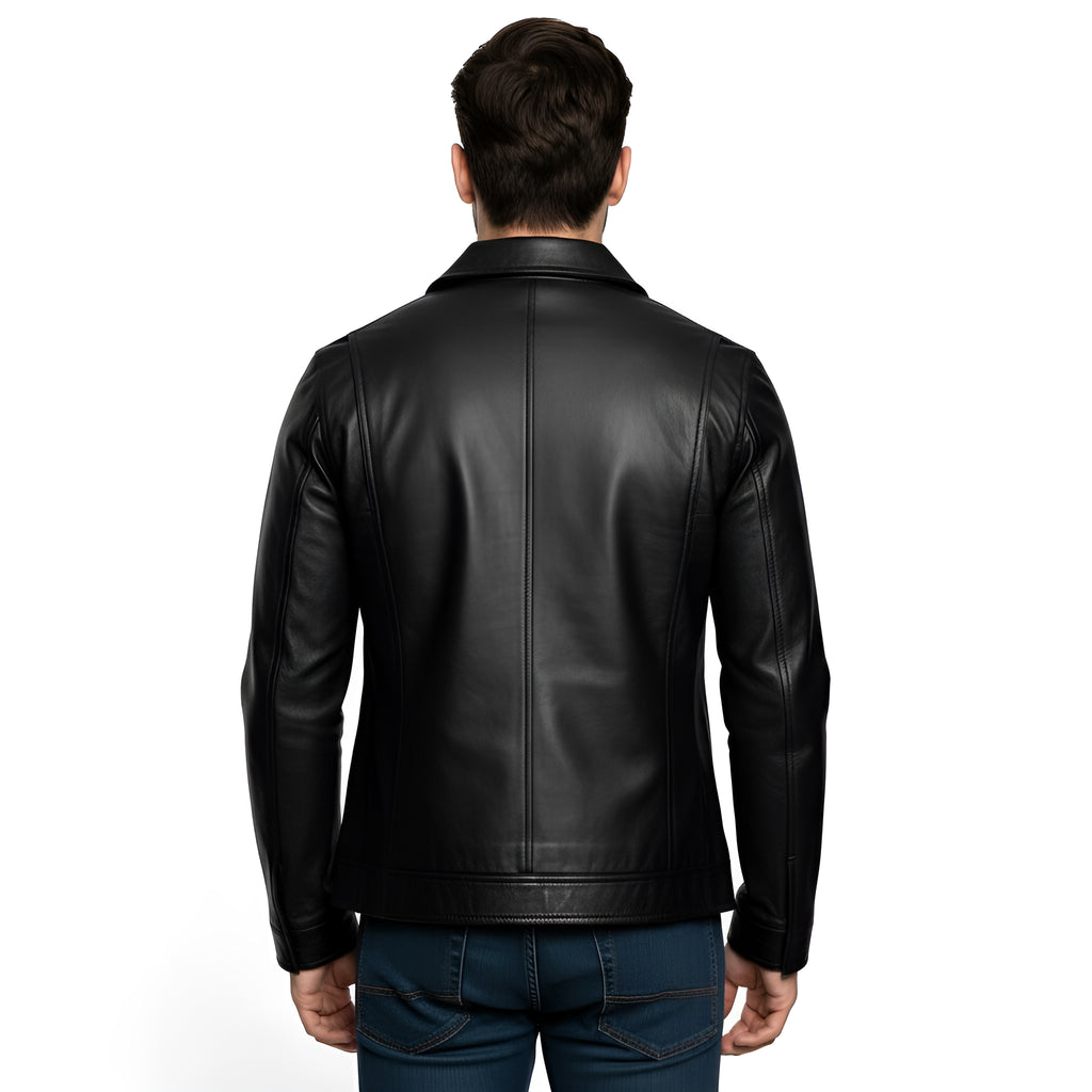 Man wearing a black leather jacket on a white background