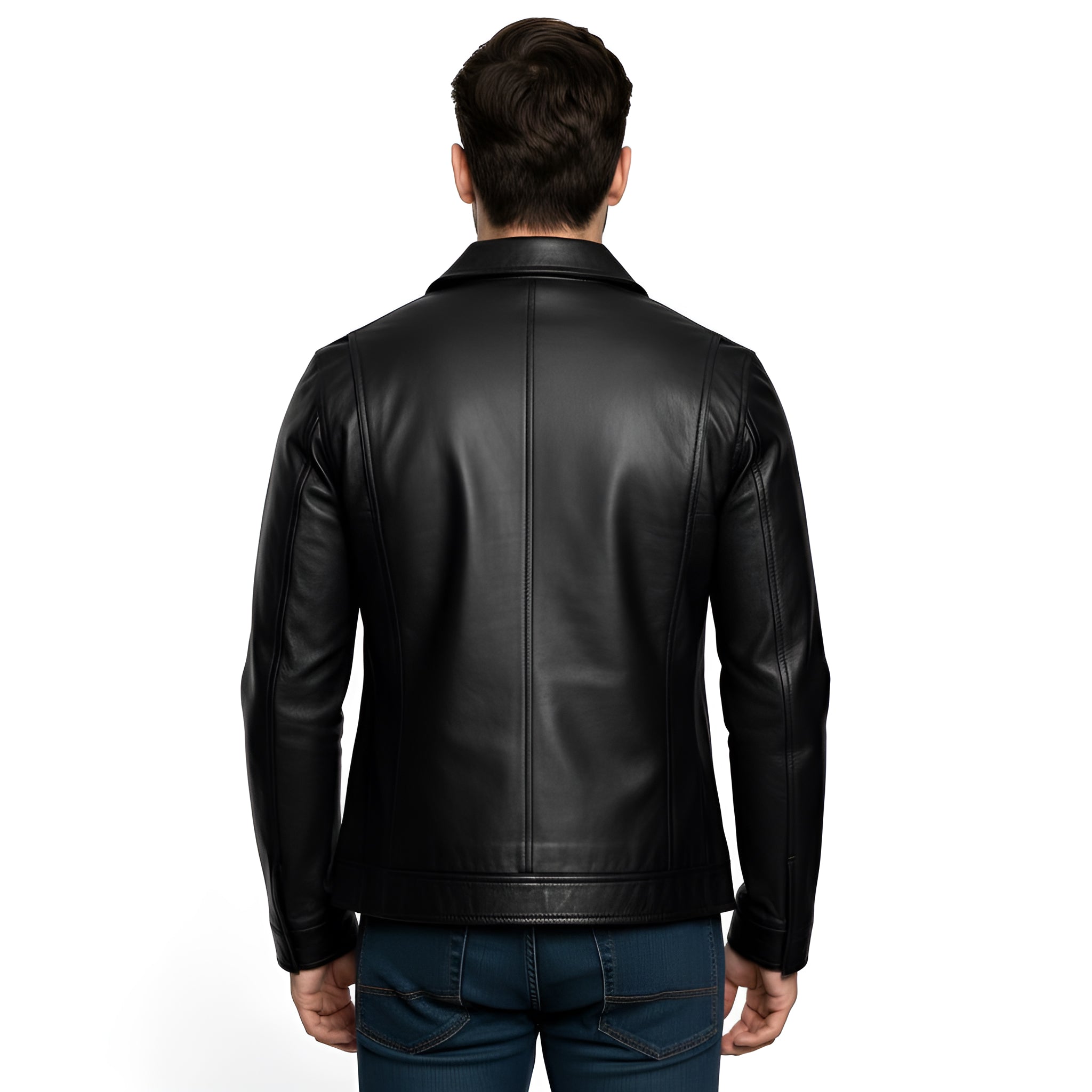 Man wearing a black leather jacket on a white background