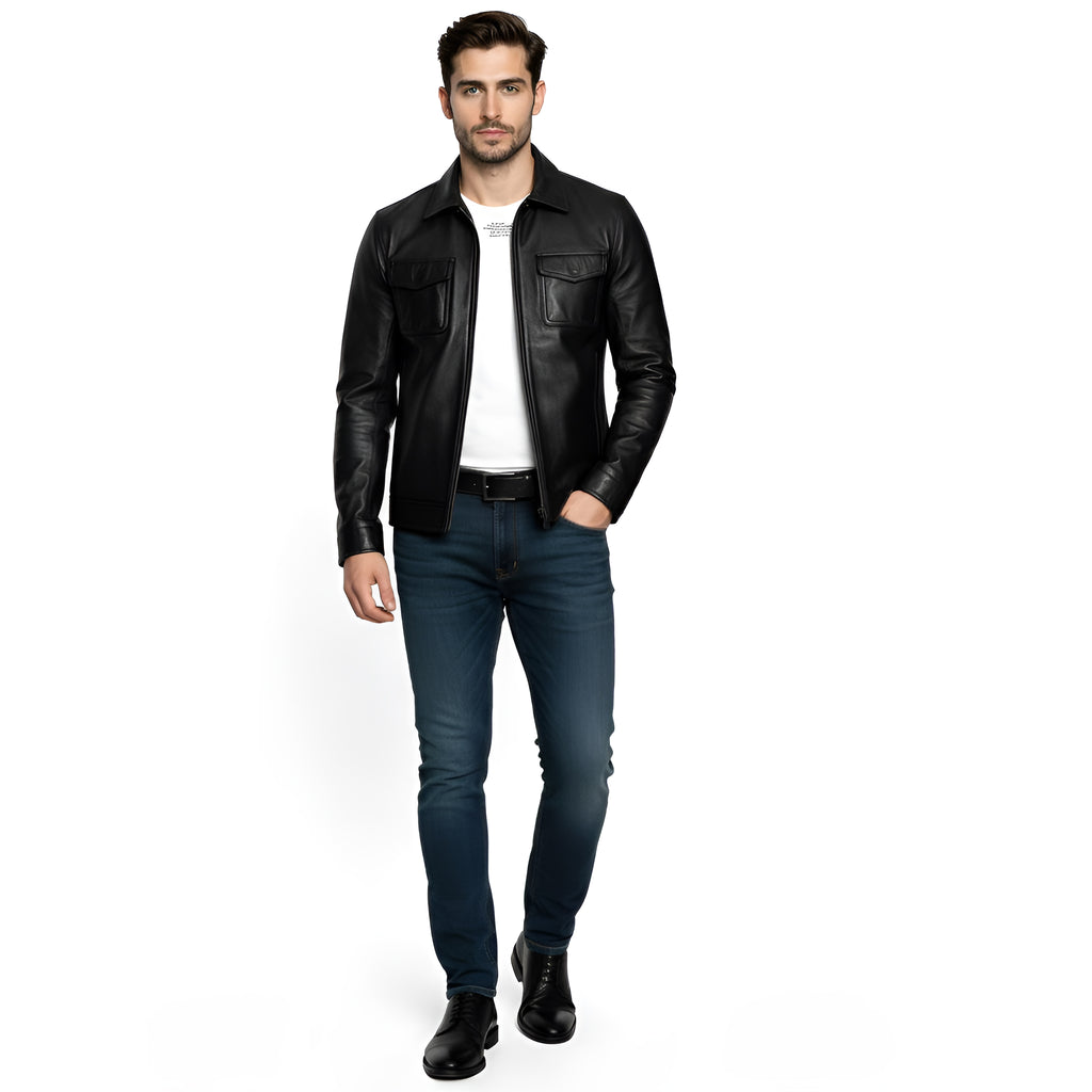 Man wearing a black leather jacket, white shirt, and blue jeans on a white background