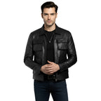 Man wearing a black leather jacket on a white background