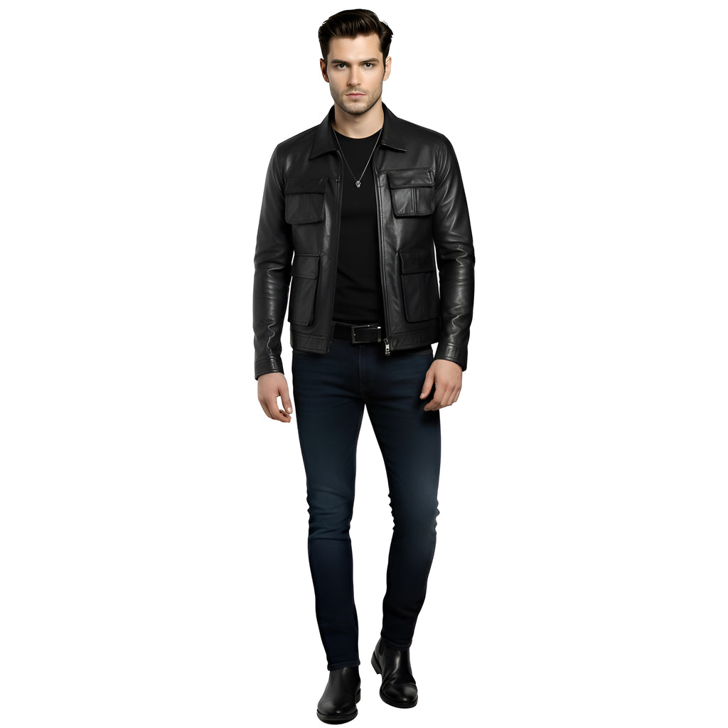 Man wearing a black leather jacket and dark jeans on a white background
