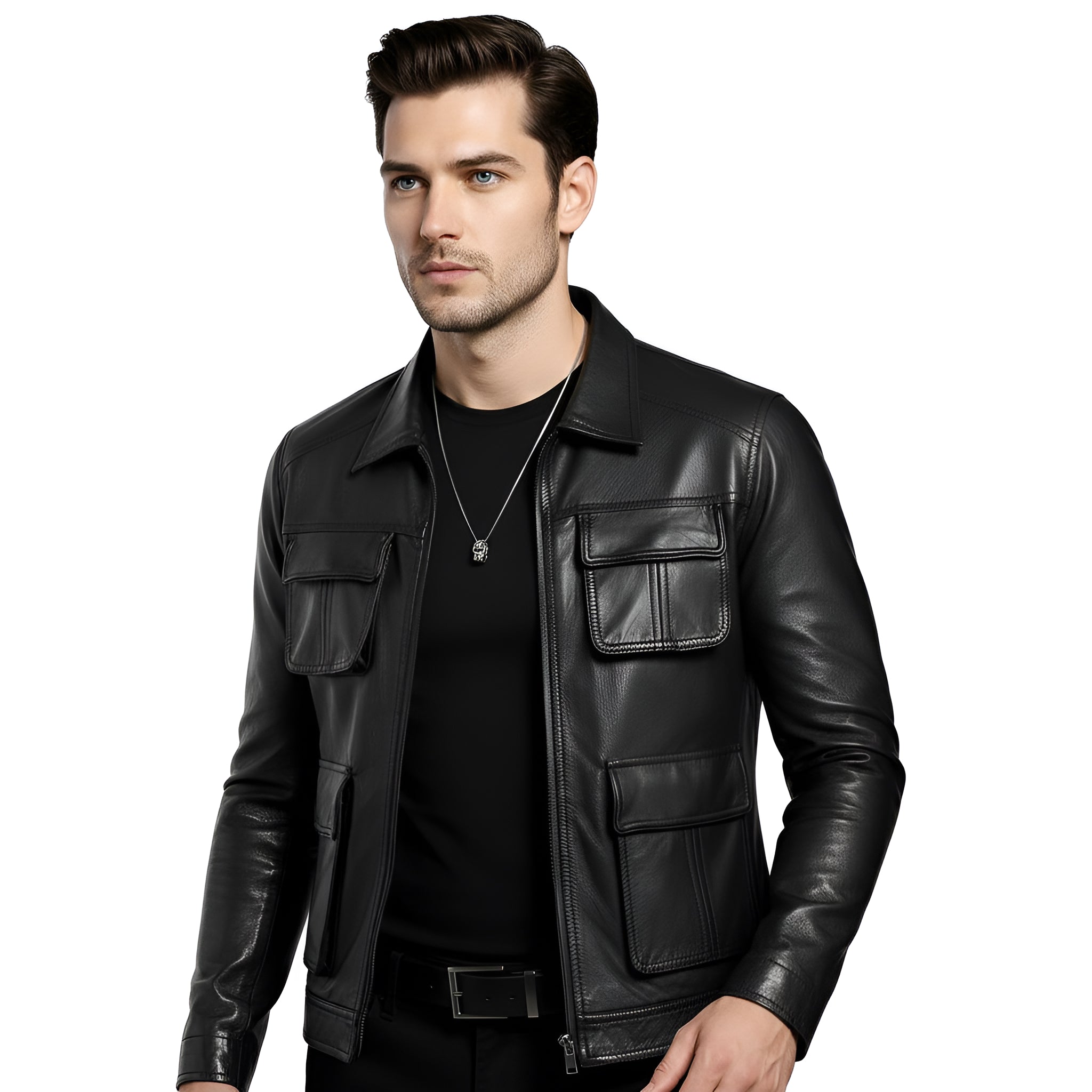 Man wearing a black leather jacket on a white background