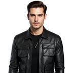 Man wearing a black leather jacket on a white background