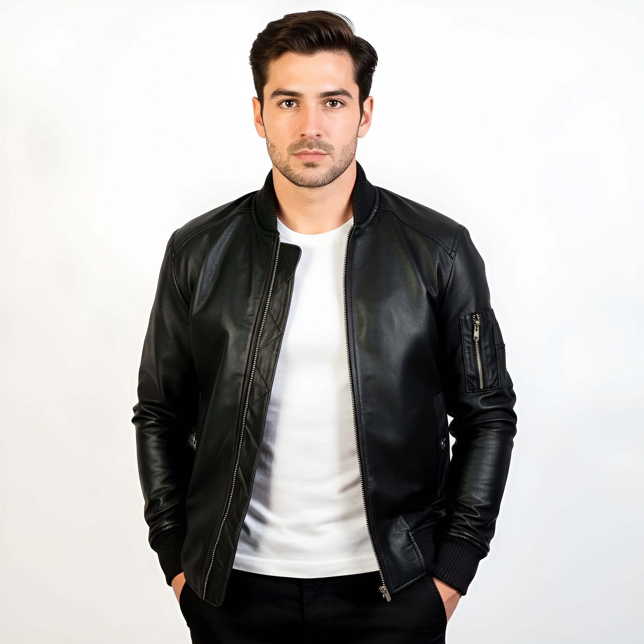 Man wearing a black leather jacket over a white shirt on a white background