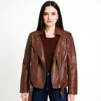 Woman wearing a brown leather jacket on a white background