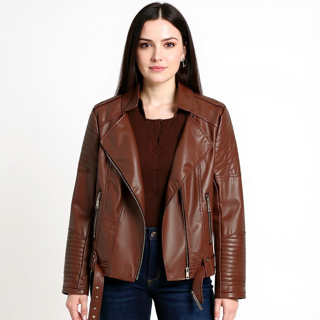 Woman wearing a brown leather jacket on a white background