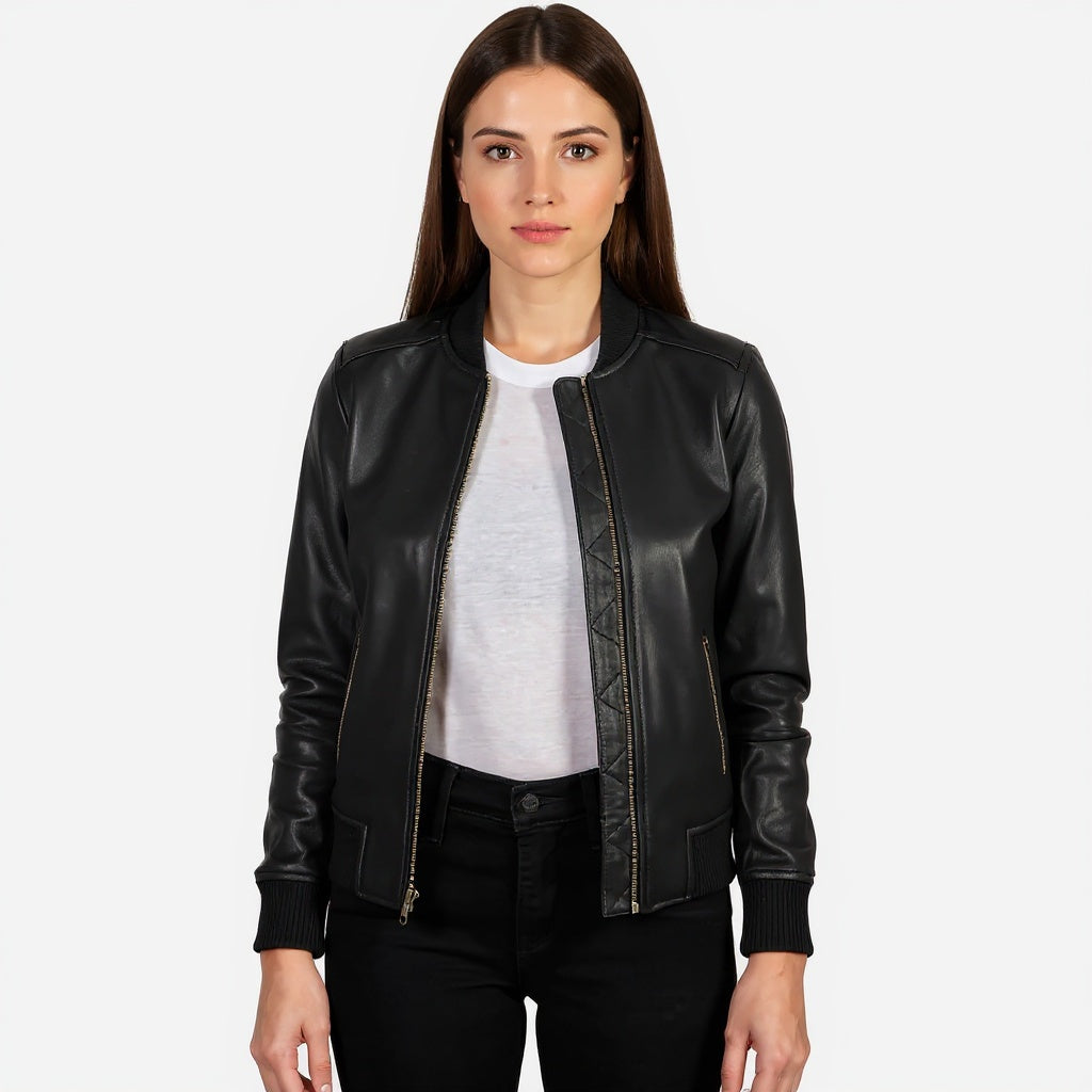 Woman wearing a black leather jacket on a white background