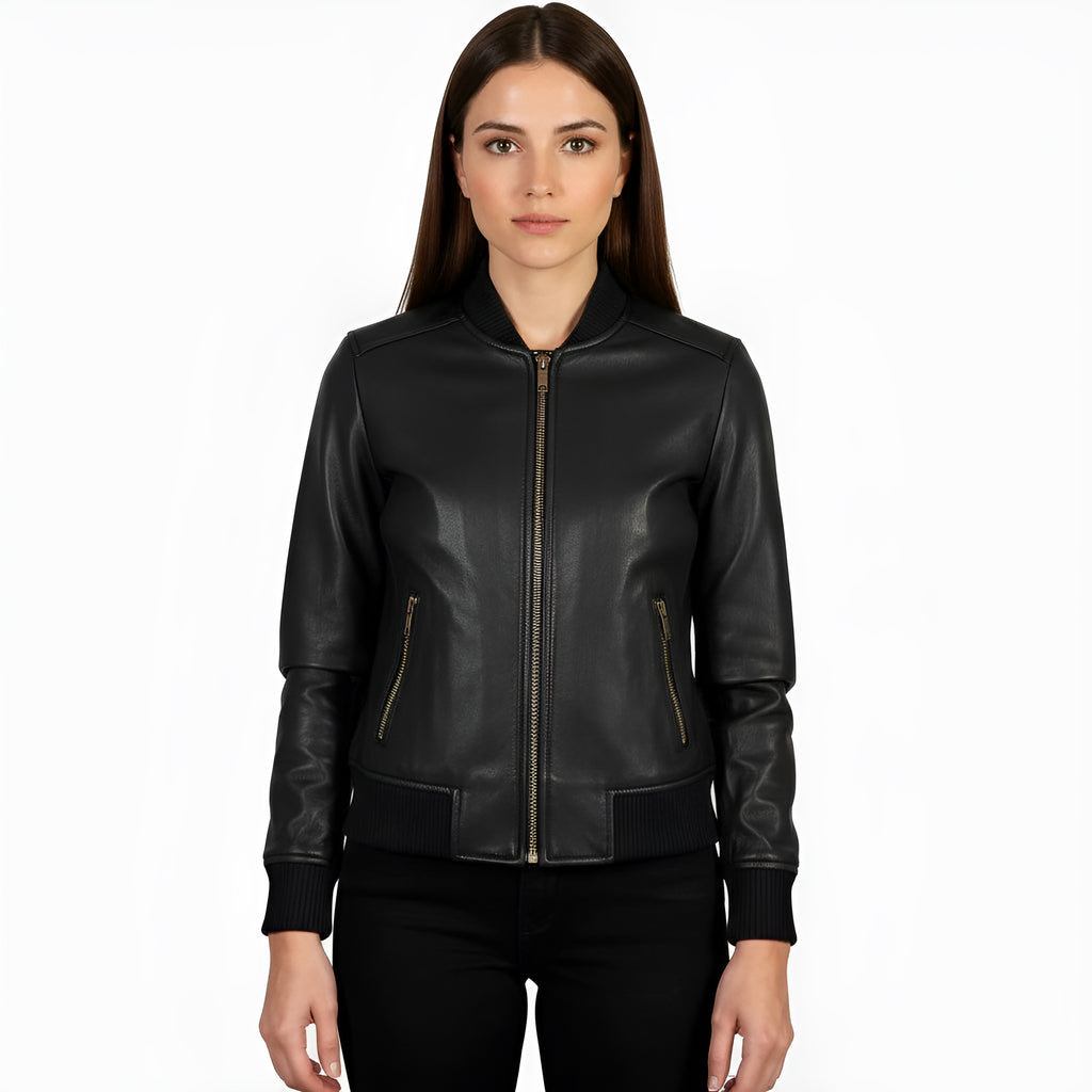 Woman wearing a black leather jacket on a white background