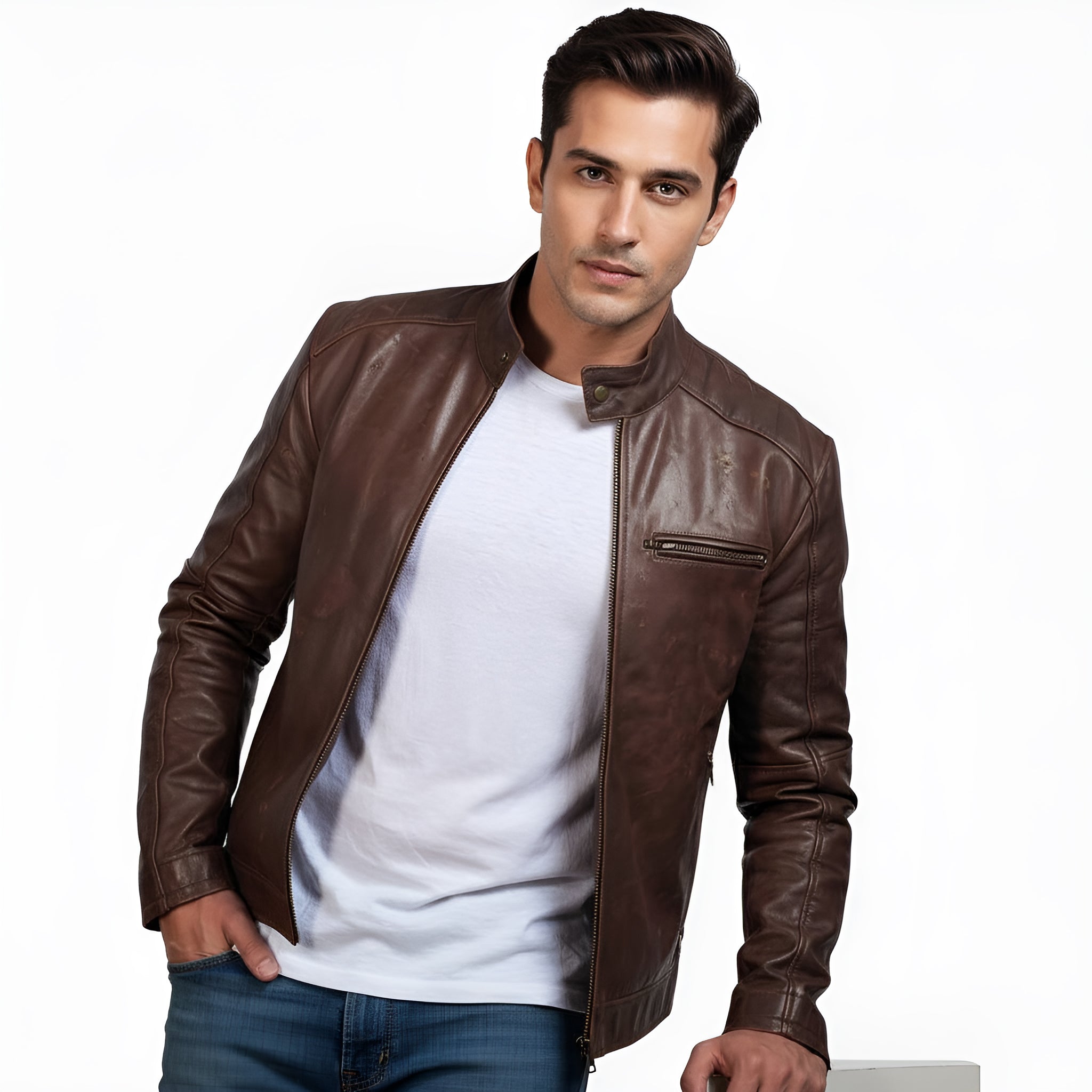 Man wearing a brown leather jacket over a white shirt on a white background