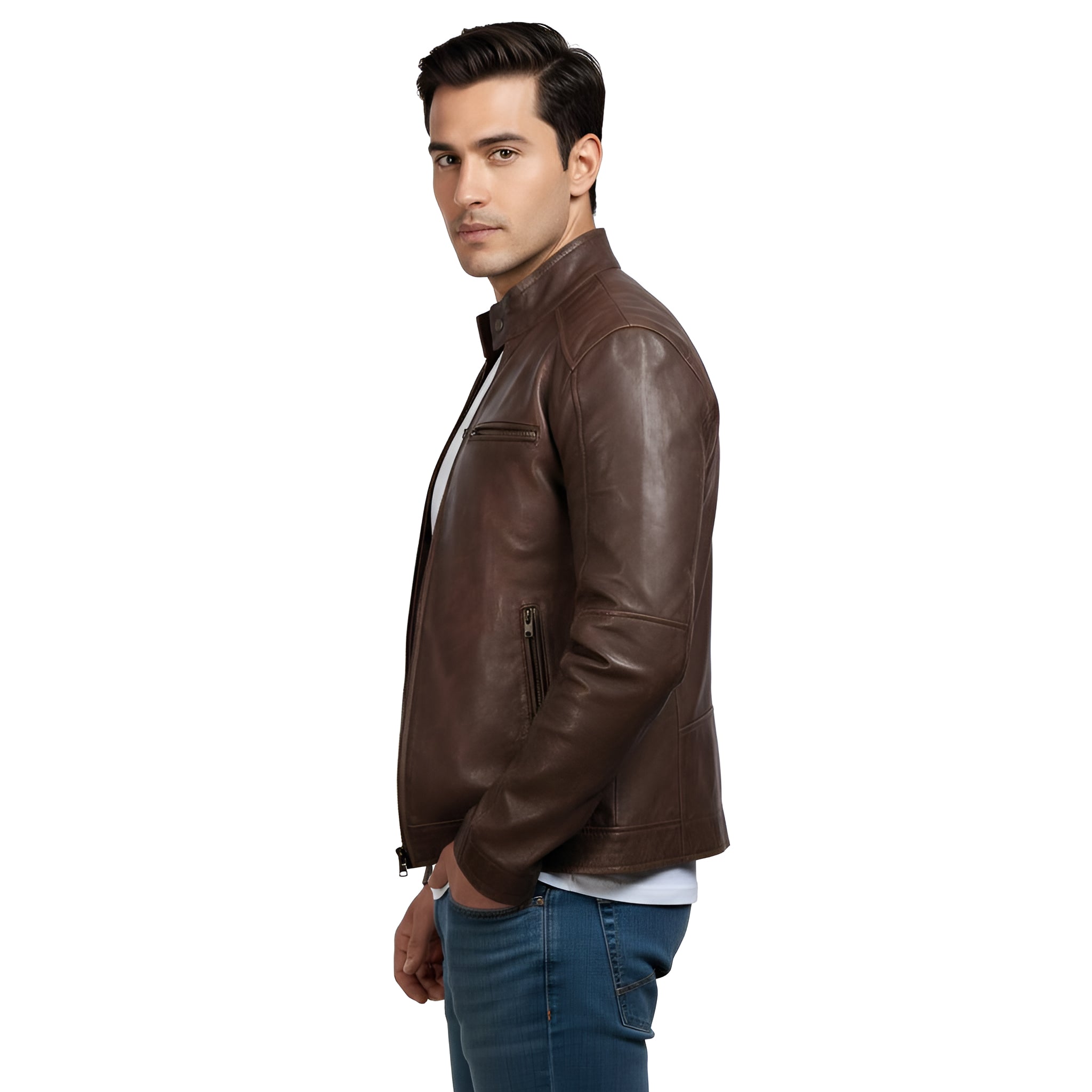 Man wearing a brown leather jacket on a white background