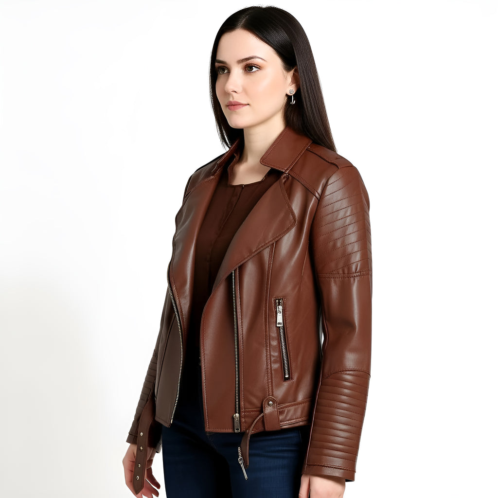 Woman wearing a brown leather jacket on a white background