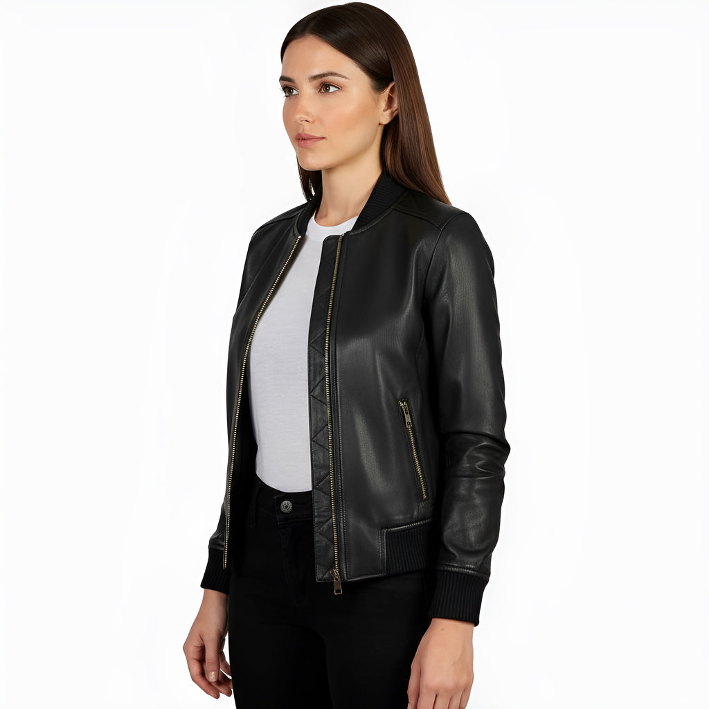 Woman wearing a black leather jacket on a white background