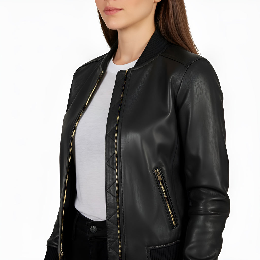 Black leather jacket worn by a person on a white background