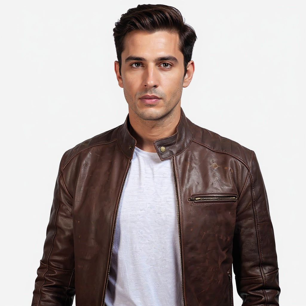 Man wearing a brown leather jacket on a white background