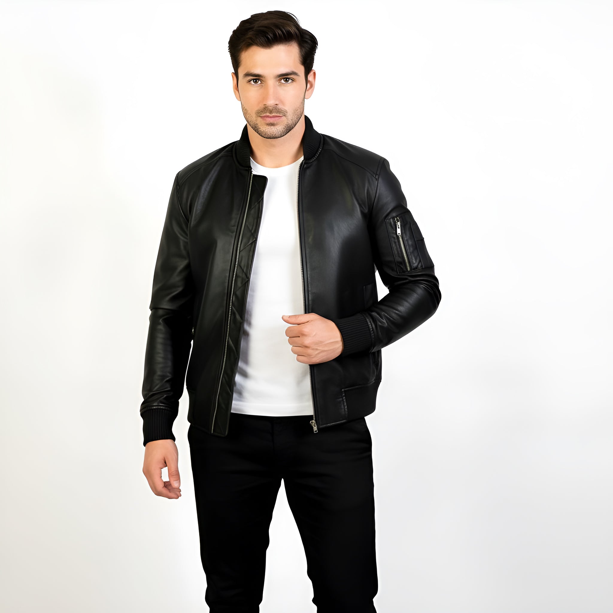 Man wearing a black leather jacket on a white background