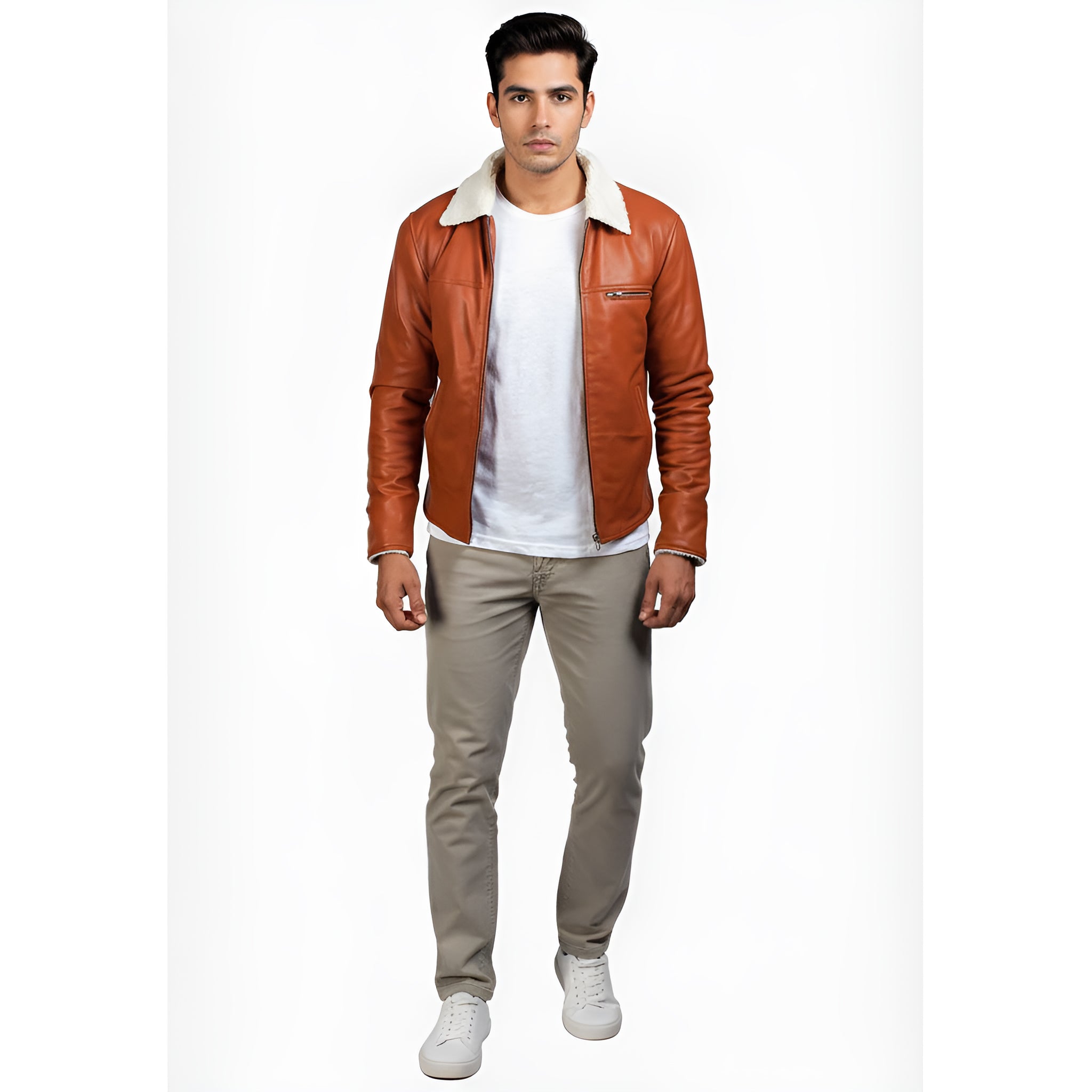 Man wearing a brown leather jacket with white shirt and beige pants on a white background