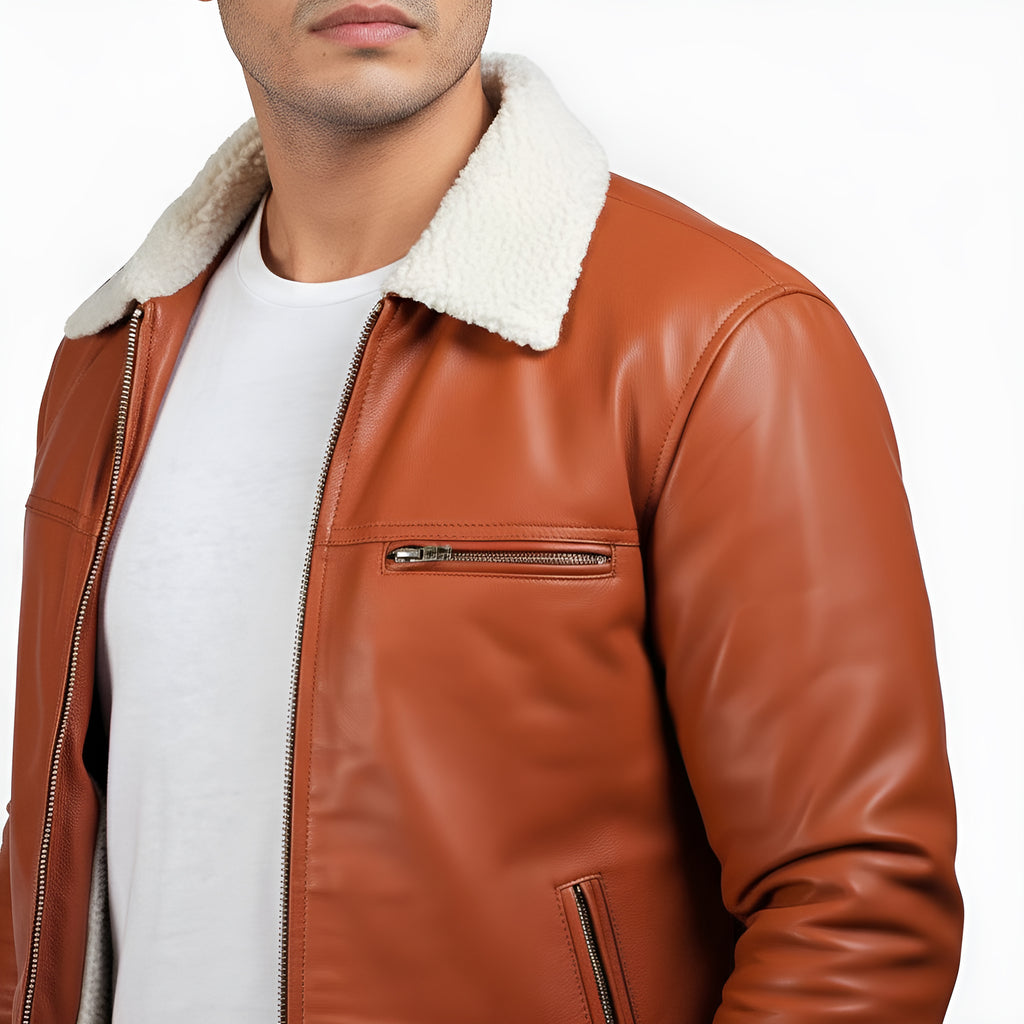 Brown leather jacket with white fur collar on a white background