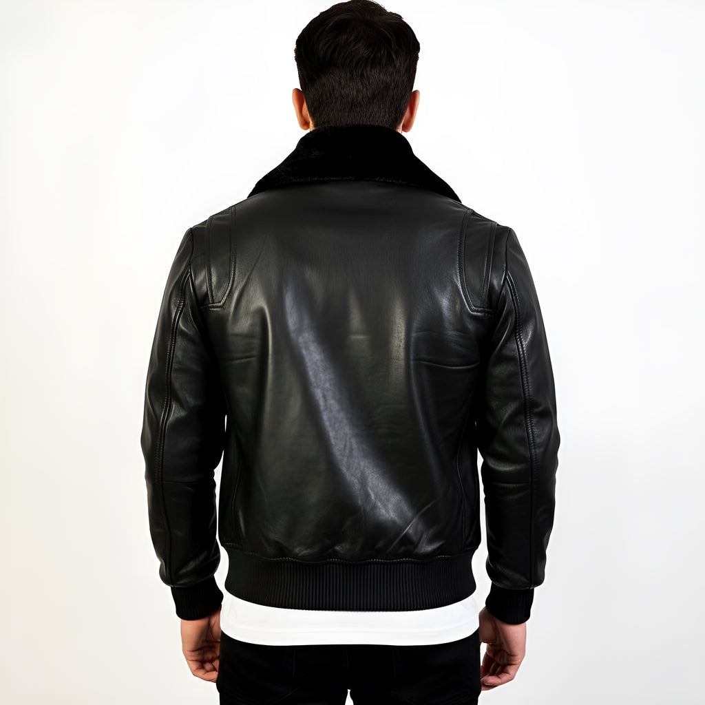 Person wearing a black leather jacket on a white background