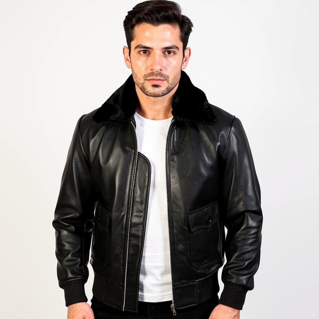 Man wearing a black leather jacket on a white background