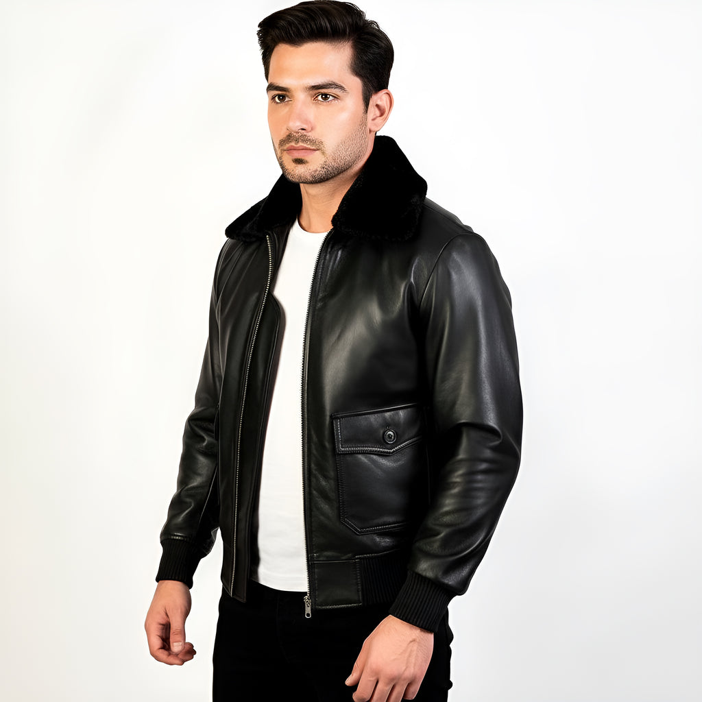 Man wearing a black leather jacket on a white background