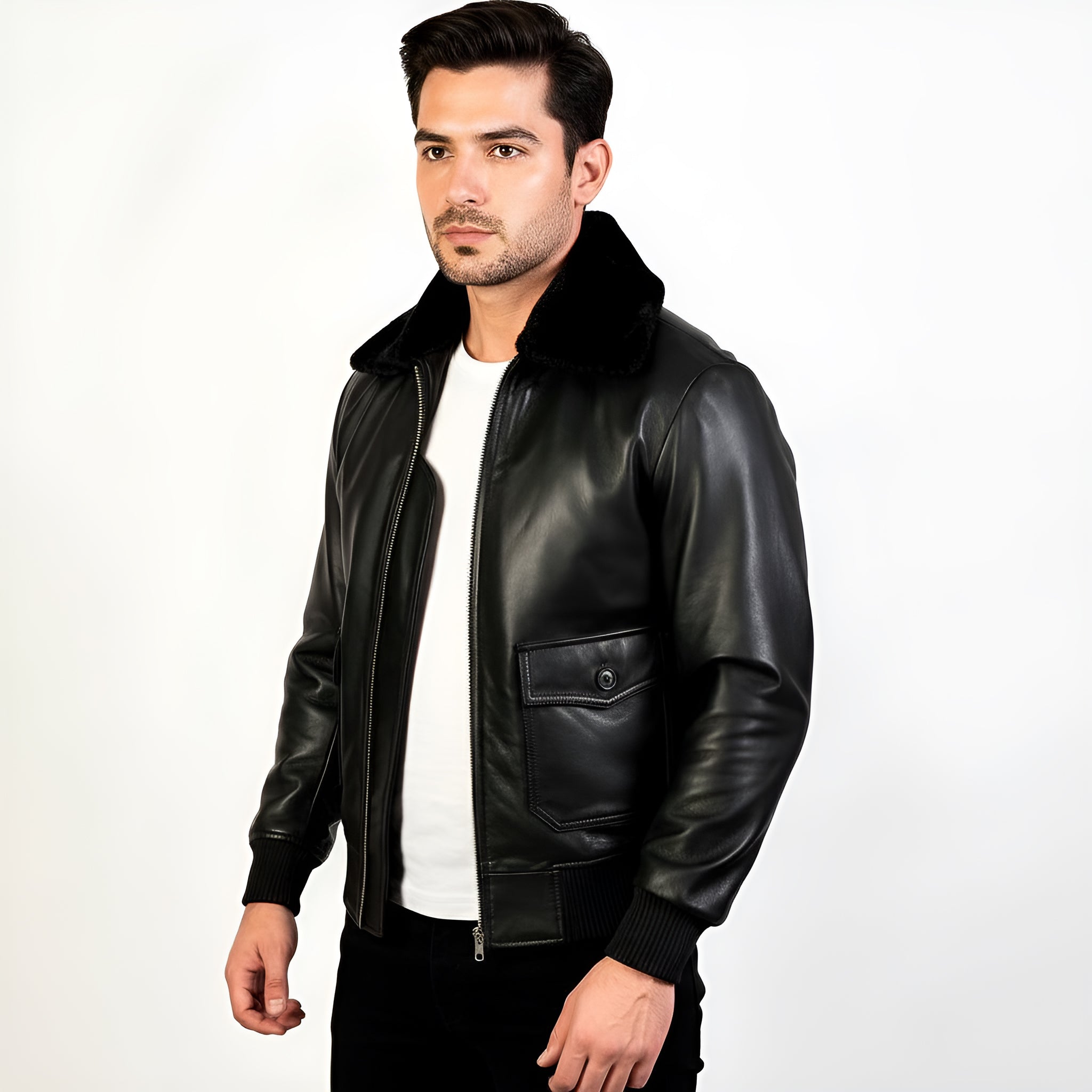 Man wearing a black leather jacket on a white background