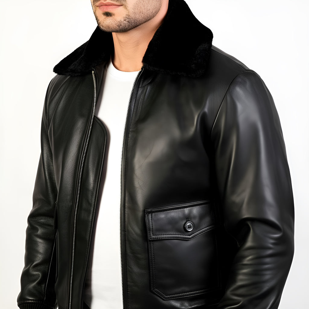 Black leather jacket with fur collar worn by a person on a white background