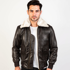 Man wearing a brown leather jacket with white fur lining on a white background