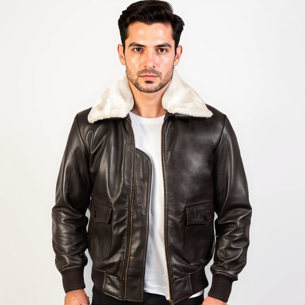 Man wearing a brown leather jacket with white fur lining on a white background