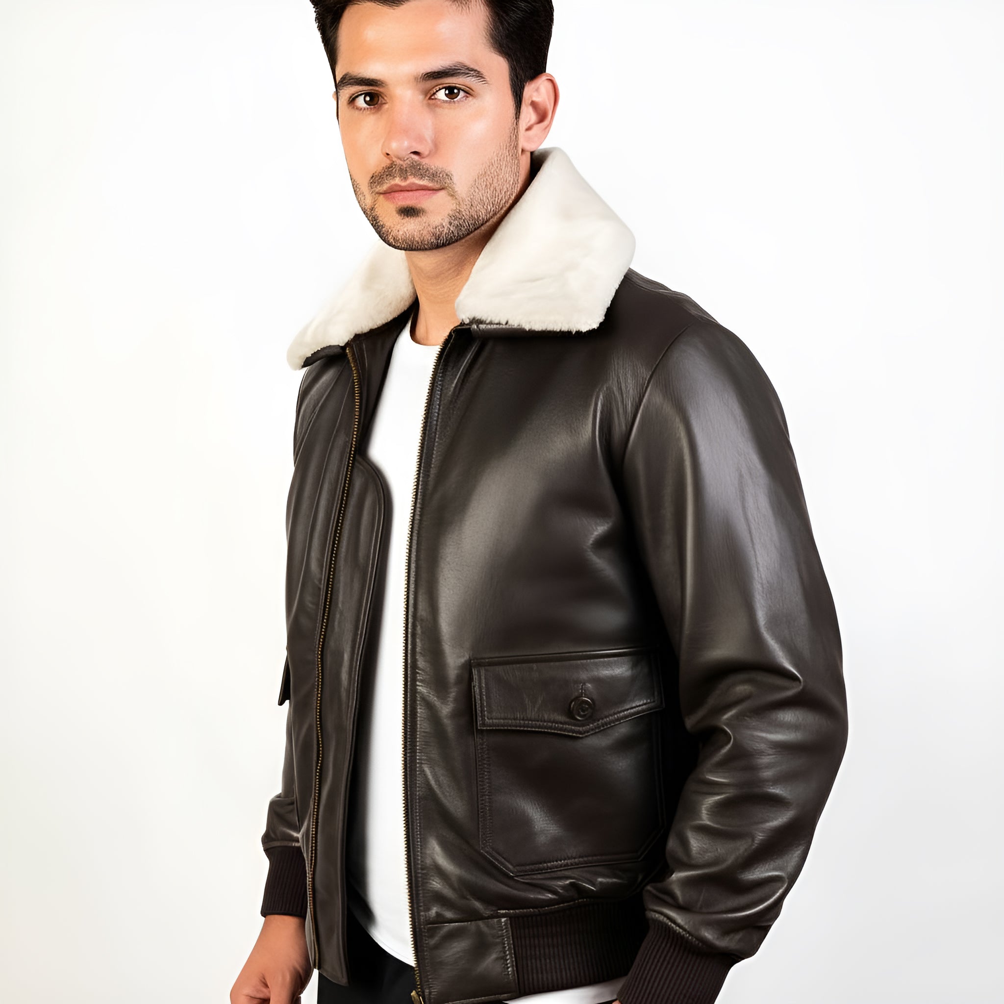 Man wearing a brown leather jacket with white fur collar on a white background
