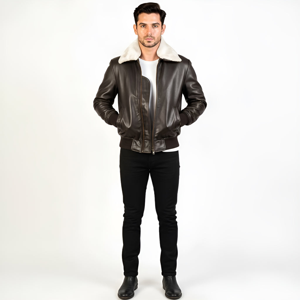 Man wearing a brown leather jacket with white lining on a white background