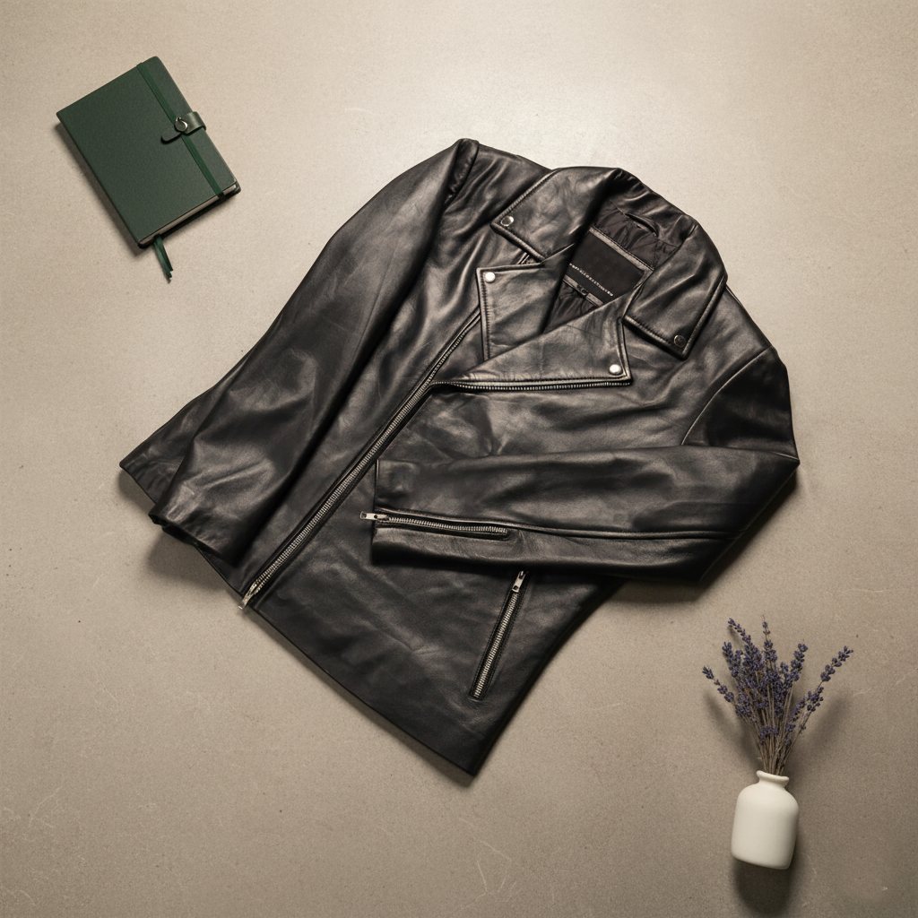 Black leather jacket on a beige surface with a green notebook and white vase with lavender.