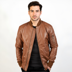 Man wearing a brown leather jacket on a white background