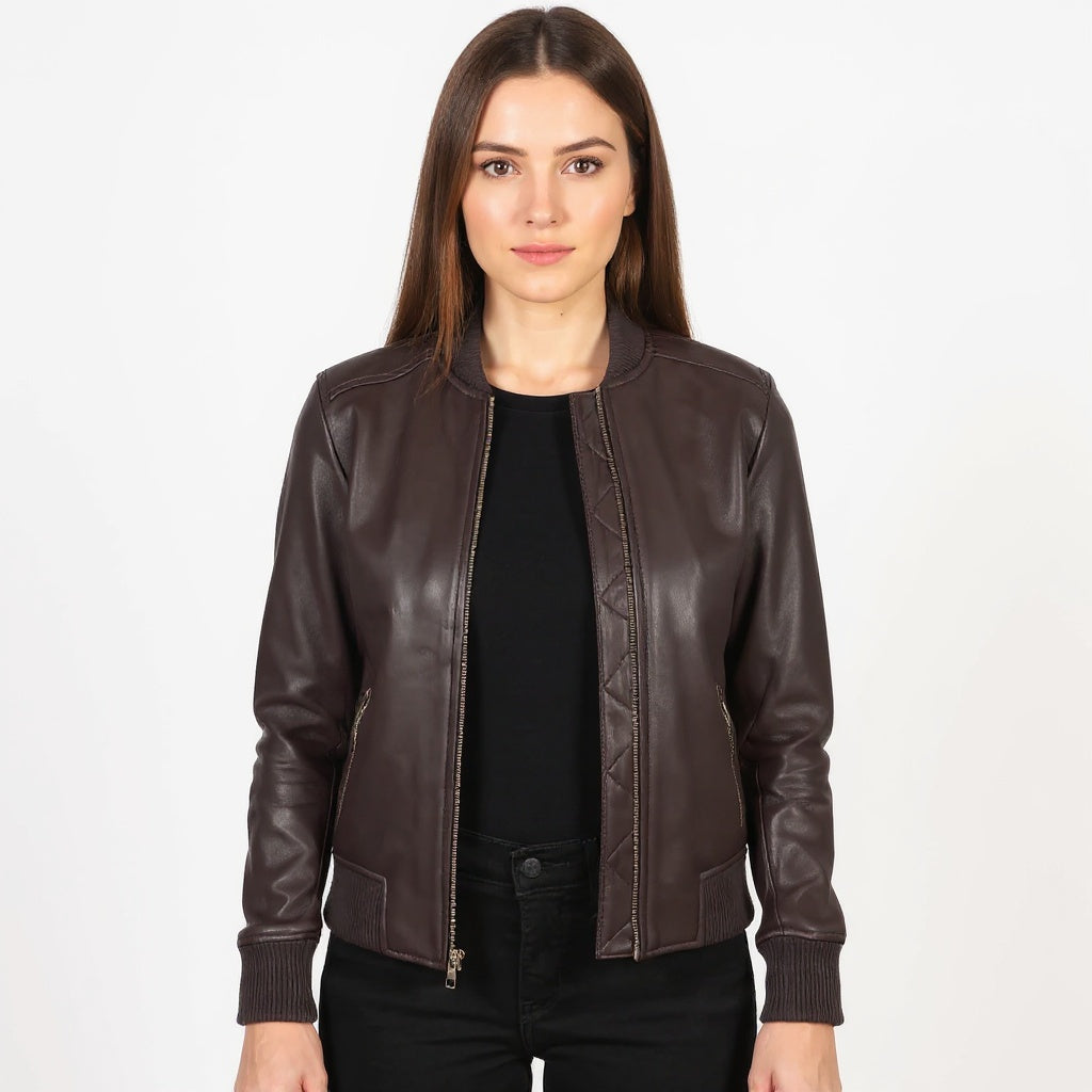 Woman wearing a brown leather jacket on a white background