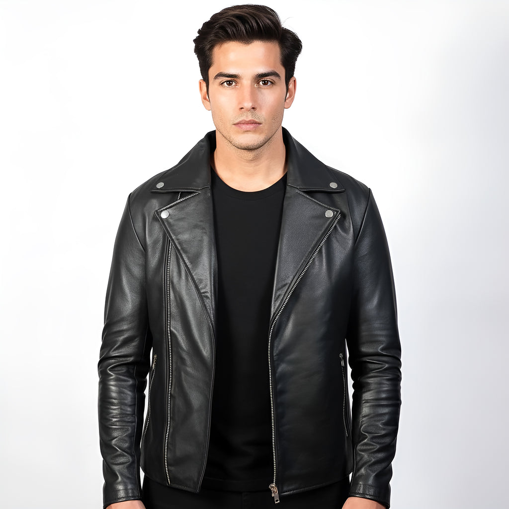 Man wearing a black leather jacket on a white background