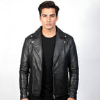 Man wearing a black leather jacket on a white background