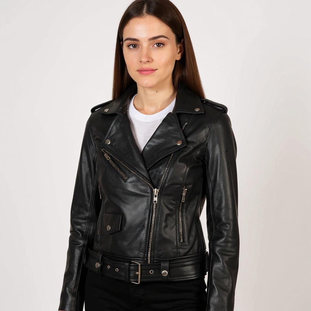 Woman wearing a black leather jacket on a white background