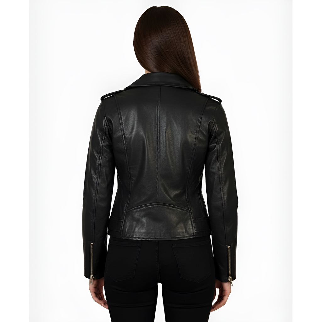 Women’s Noir Black Sheep Leather Moto Jacket – Belted Rebel Style, Lightweight, All-Season Wear | Premium Urban Jacket