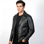 Man wearing a black leather jacket on a white background