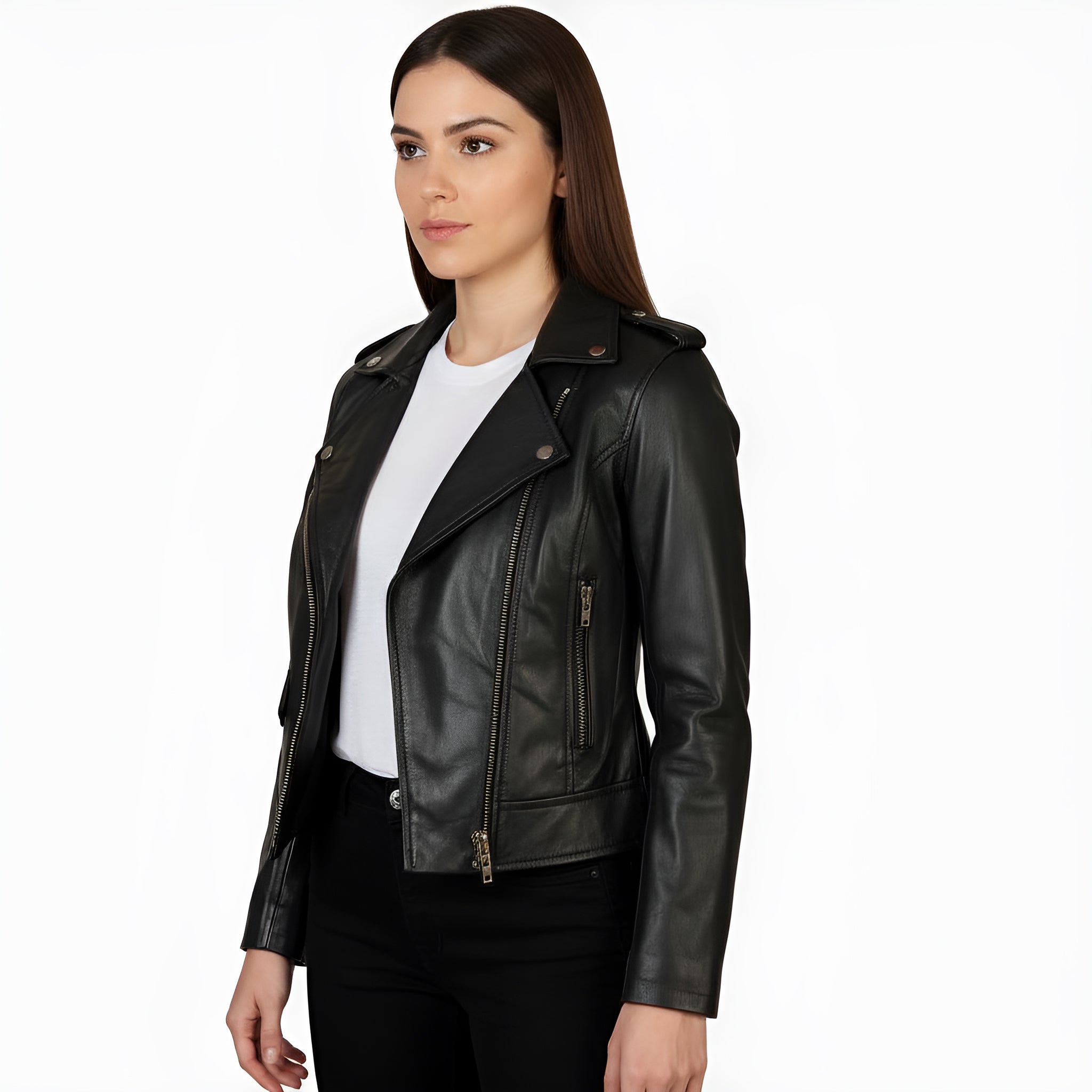Woman wearing a black leather jacket on a white background