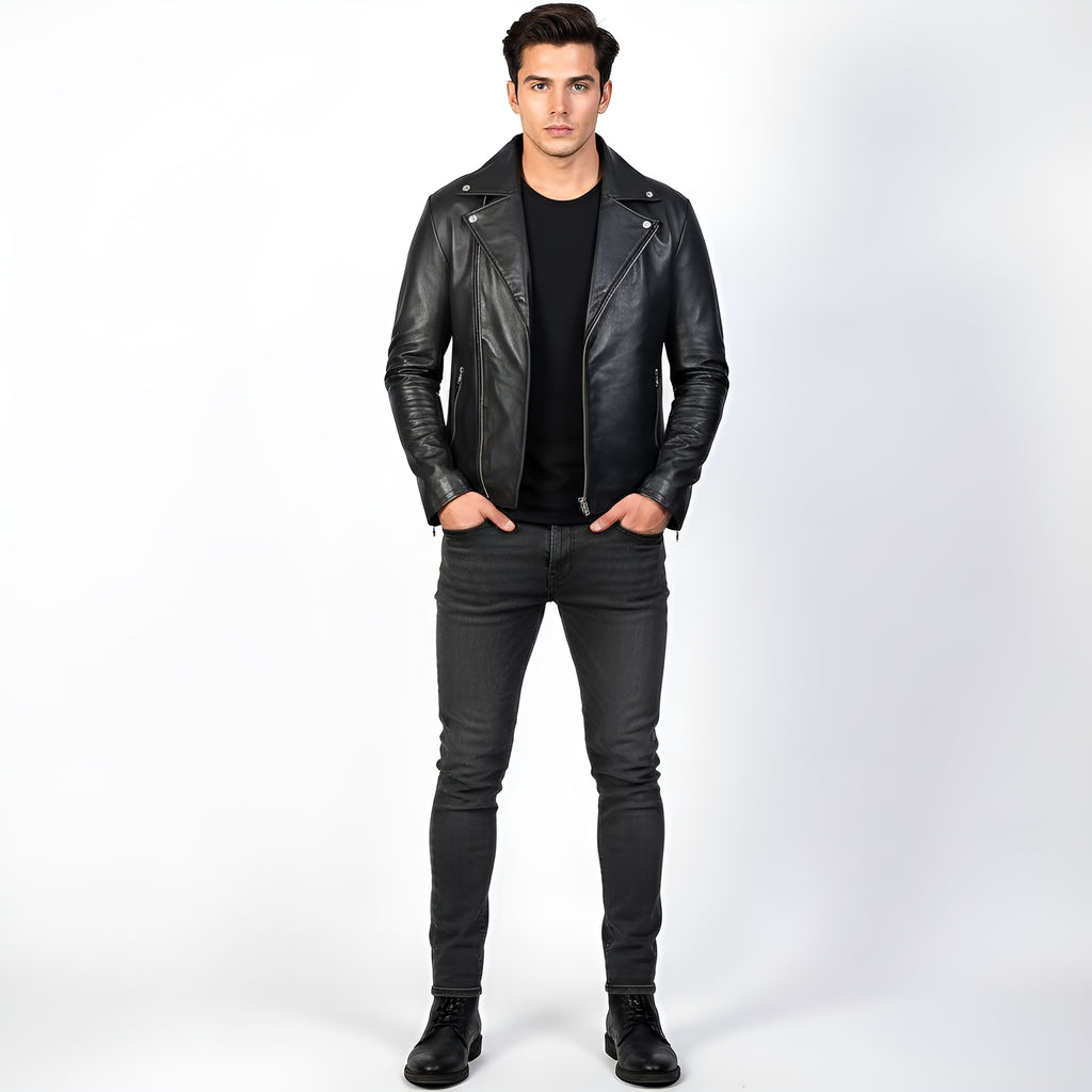 Man wearing a black leather jacket, black shirt, and black jeans on a white background
