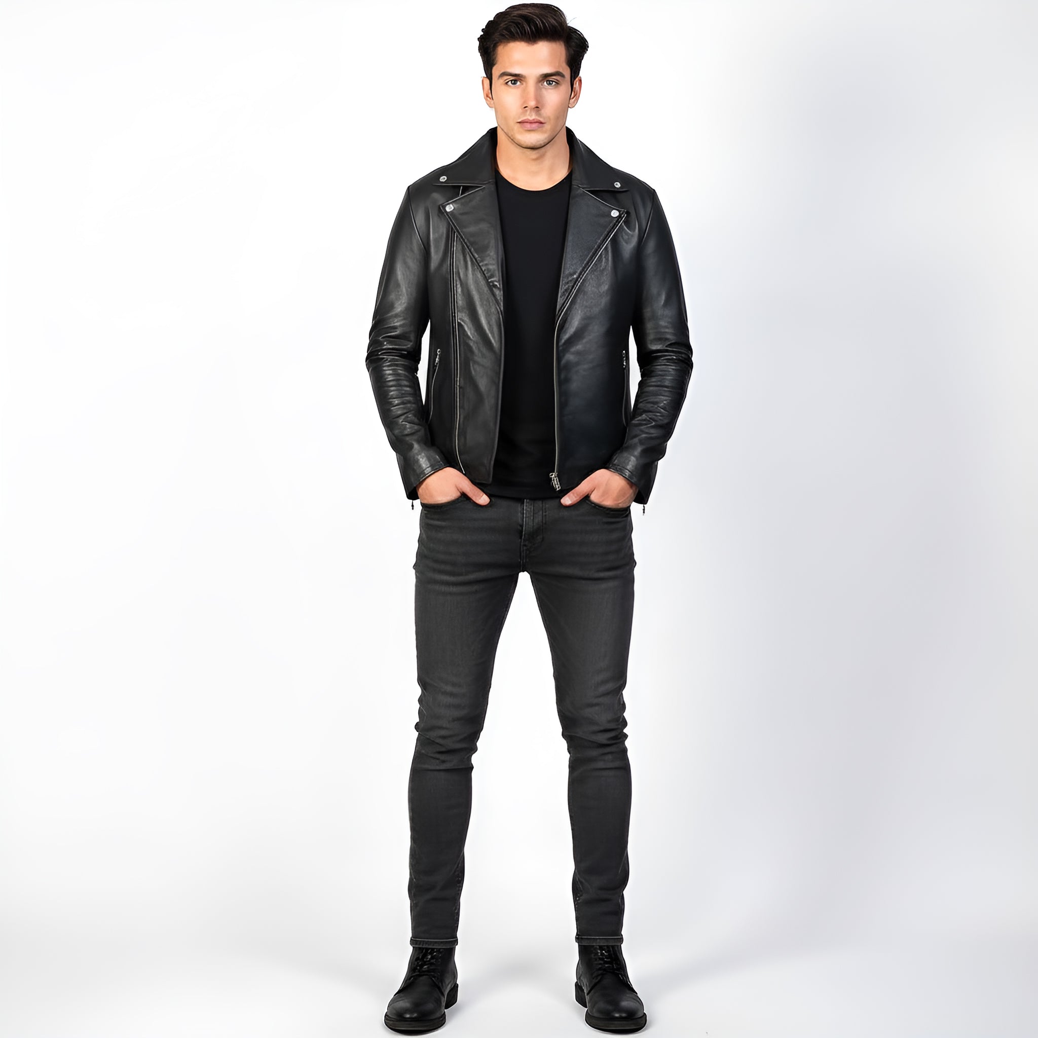 Man wearing a black leather jacket, black shirt, and black jeans on a white background
