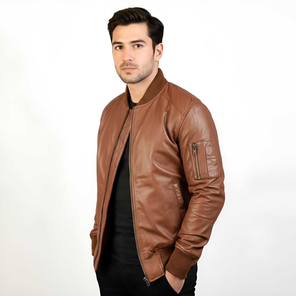 Man wearing a brown leather jacket on a white background