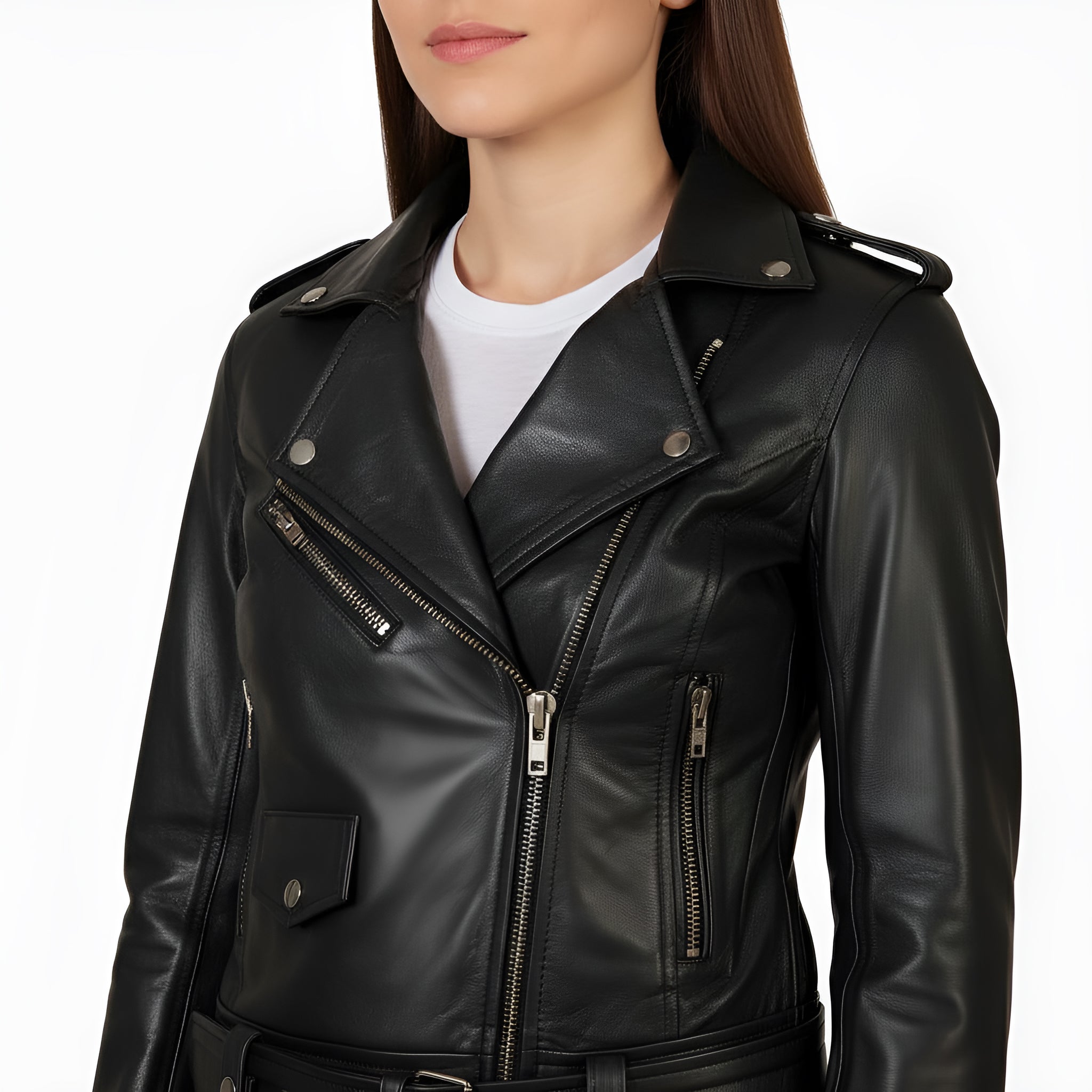Black leather jacket worn by a person on a white background