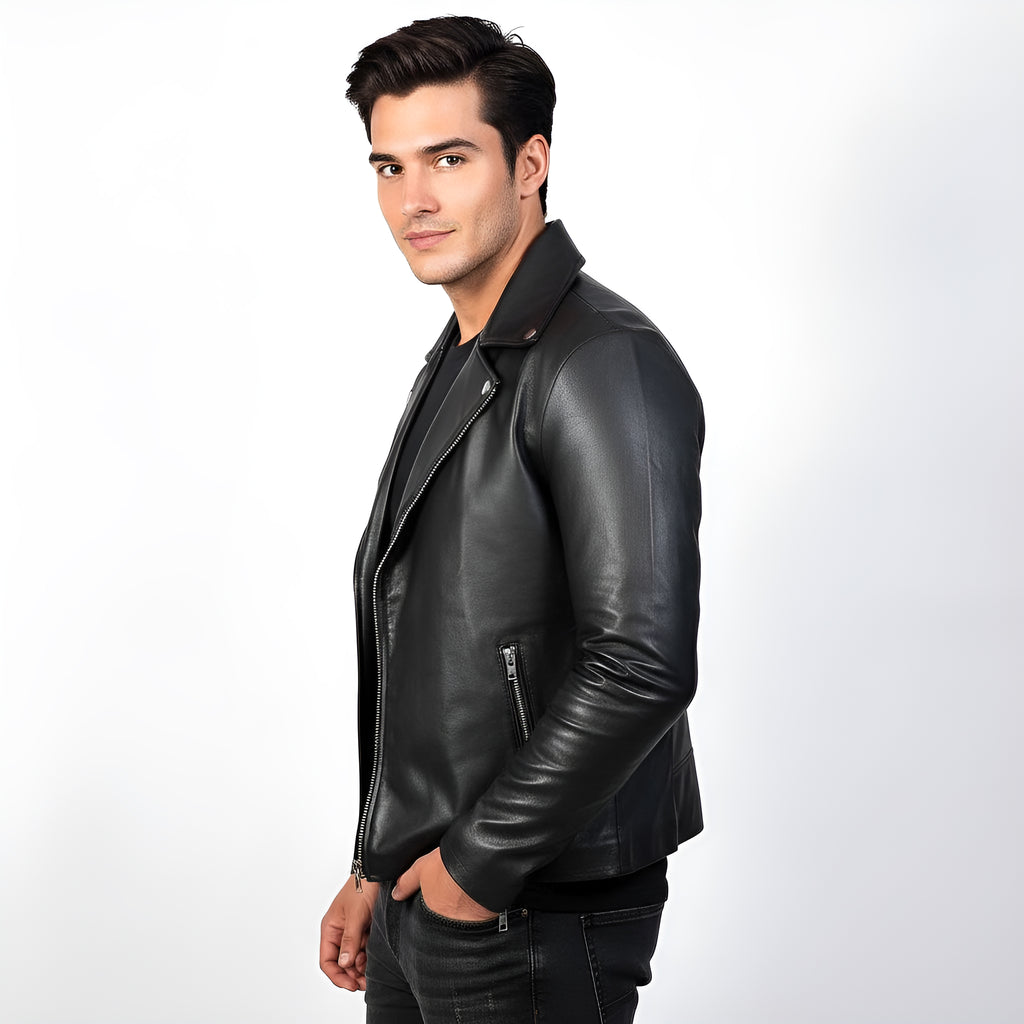 Man wearing a black leather jacket on a white background