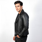 Man wearing a black leather jacket on a white background